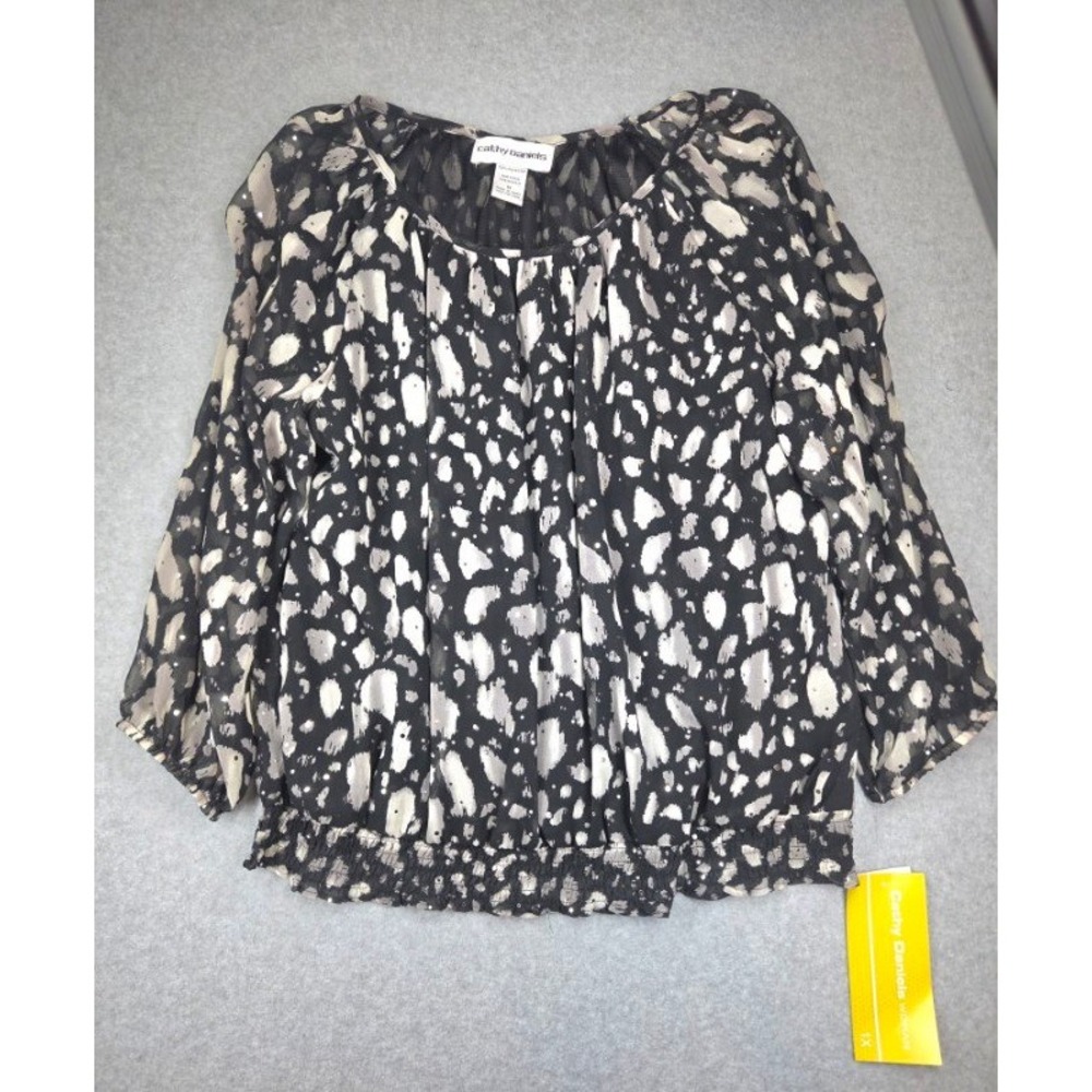 Cathy Daniels Woman 1X Animal Print Sequin Blouse Black White 620-L2612KO NWT